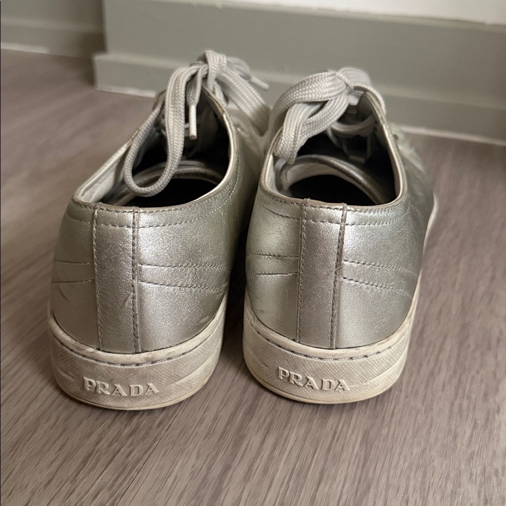 Prada Metallic Silver Leather Low Top Sneakers, size 38.5 - Picture 5 of 15